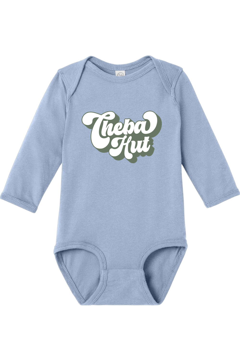 Blue baby onesie with 'Cheba Hut' text on a white background