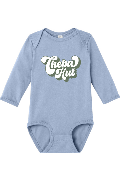 Blue baby onesie with 'Cheba Hut' text on a white background
