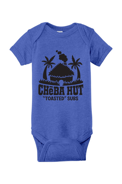 Blue baby onesie with black graphic and text on a white background