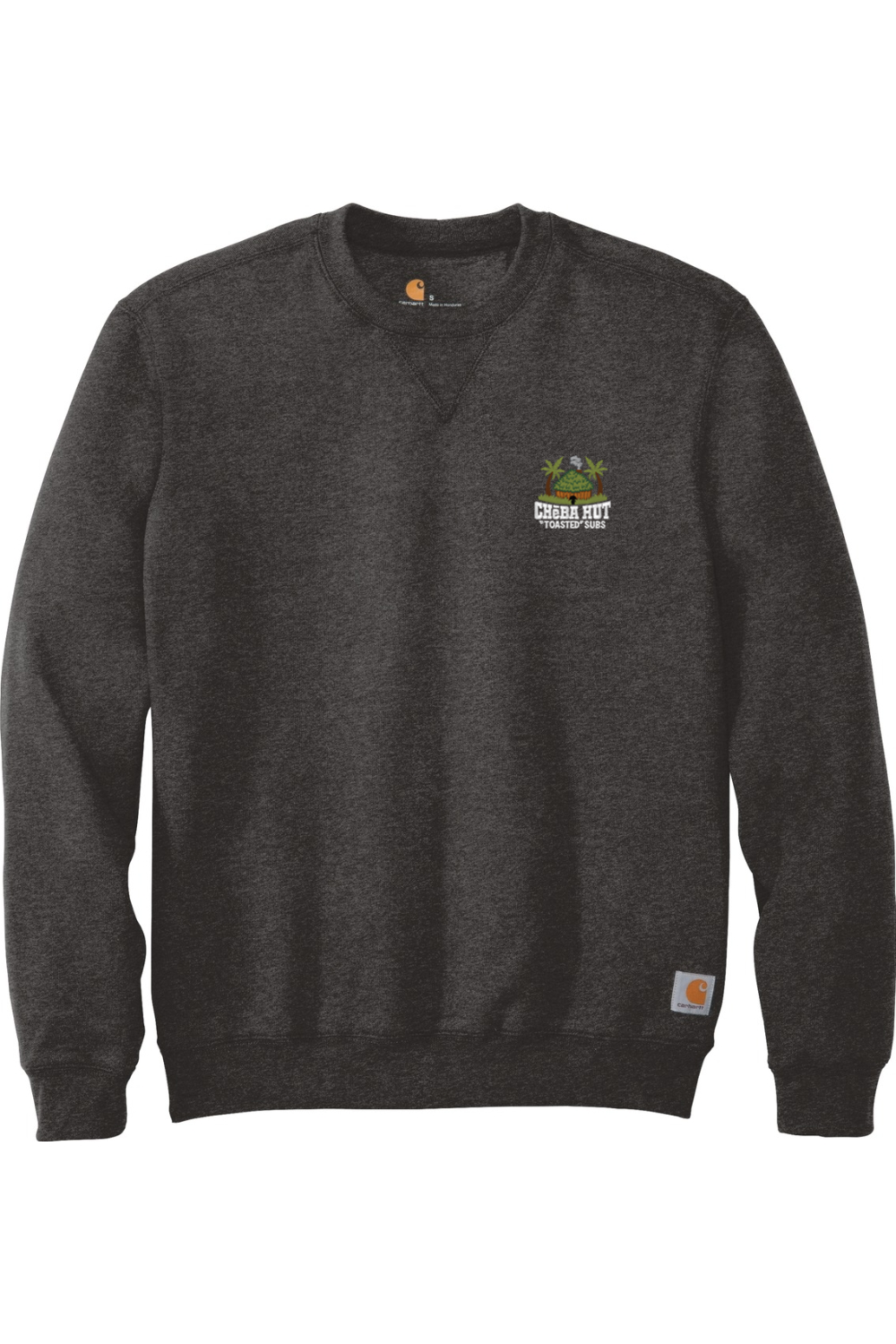 Front view of a grey crewneck sweatshirt laid flat. A small, embroidered logo for "Cheba Hut Toasted Subs," featuring a tiki hut and palm trees, is on the upper left chest.