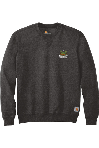 Front view of a grey crewneck sweatshirt laid flat. A small, embroidered logo for "Cheba Hut Toasted Subs," featuring a tiki hut and palm trees, is on the upper left chest.