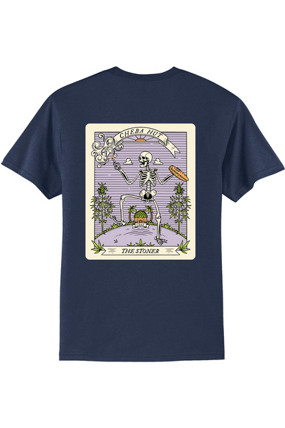A navy short-sleeved t-shirt featuring a rectangular graphic on the back depicting a skeleton holding a smoking item and a sandwich, with 'CHEBA HUT' and 'THE STONER' text.