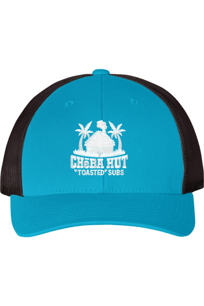 Blue and black cap with 'Cheba Hut Toasted Subs' logo on a white background