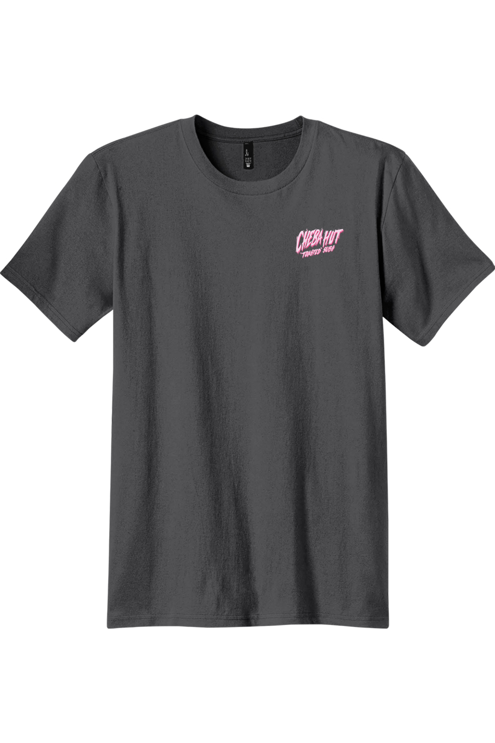 A grey short-sleeve crewneck t-shirt with a small pink graphic on the left chest reading 'Cheba Hut "Toasted Subs', displayed against a plain white background.