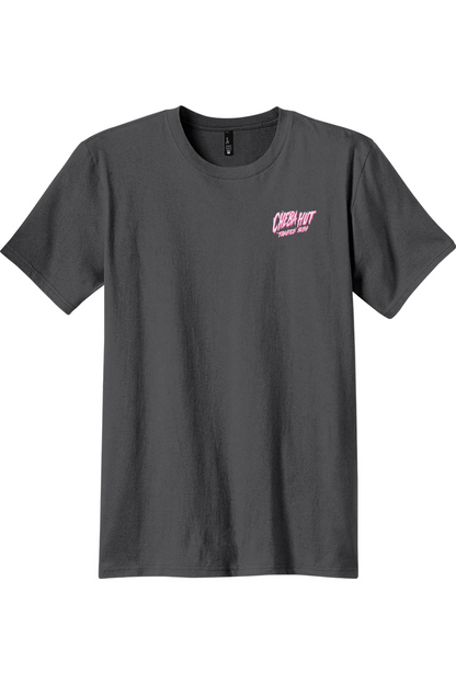 A grey short-sleeve crewneck t-shirt with a small pink graphic on the left chest reading 'Cheba Hut "Toasted Subs', displayed against a plain white background.