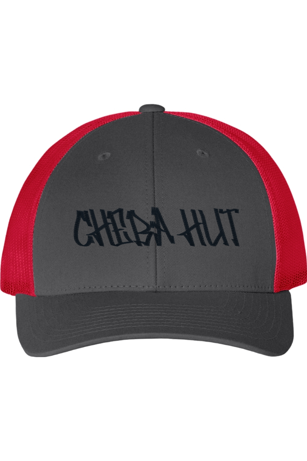 Gray and red cap with 'CHEBA HUT' text on a white background