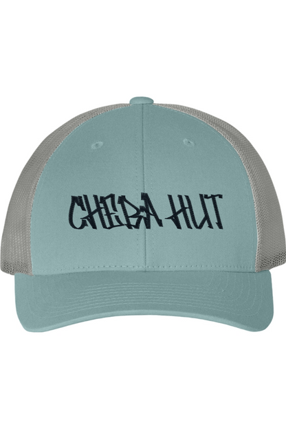 Light blue and gray cap with 'CHEBA HUT' text on a white background