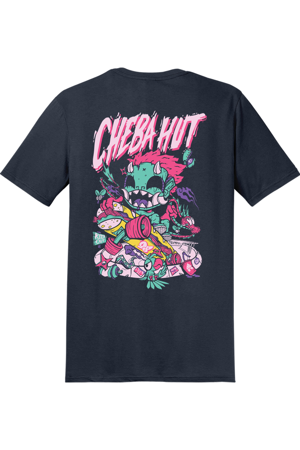 A navy short-sleeve t-shirt shown from the back, featuring a large colorful graphic of a cartoon monster and the text 'CHEBA HUT' in pink and white.