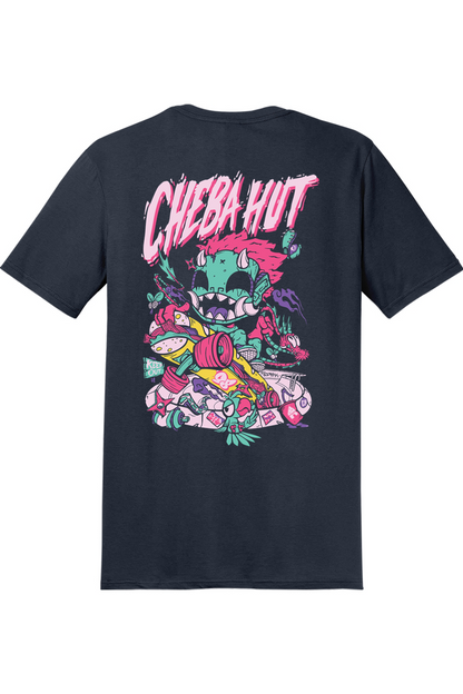 A navy short-sleeve t-shirt shown from the back, featuring a large colorful graphic of a cartoon monster and the text 'CHEBA HUT' in pink and white.