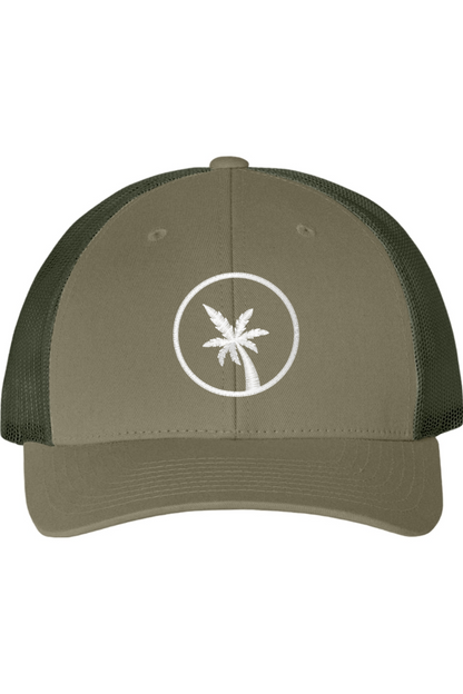 Green and gray cap with a palm tree logo on a white background