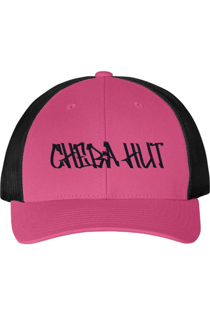 Pink and black cap with 'CHEBA HUT' text on a white background