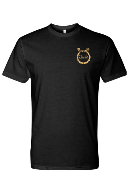 Black t-shirt with a gold logo on the chest against a white background