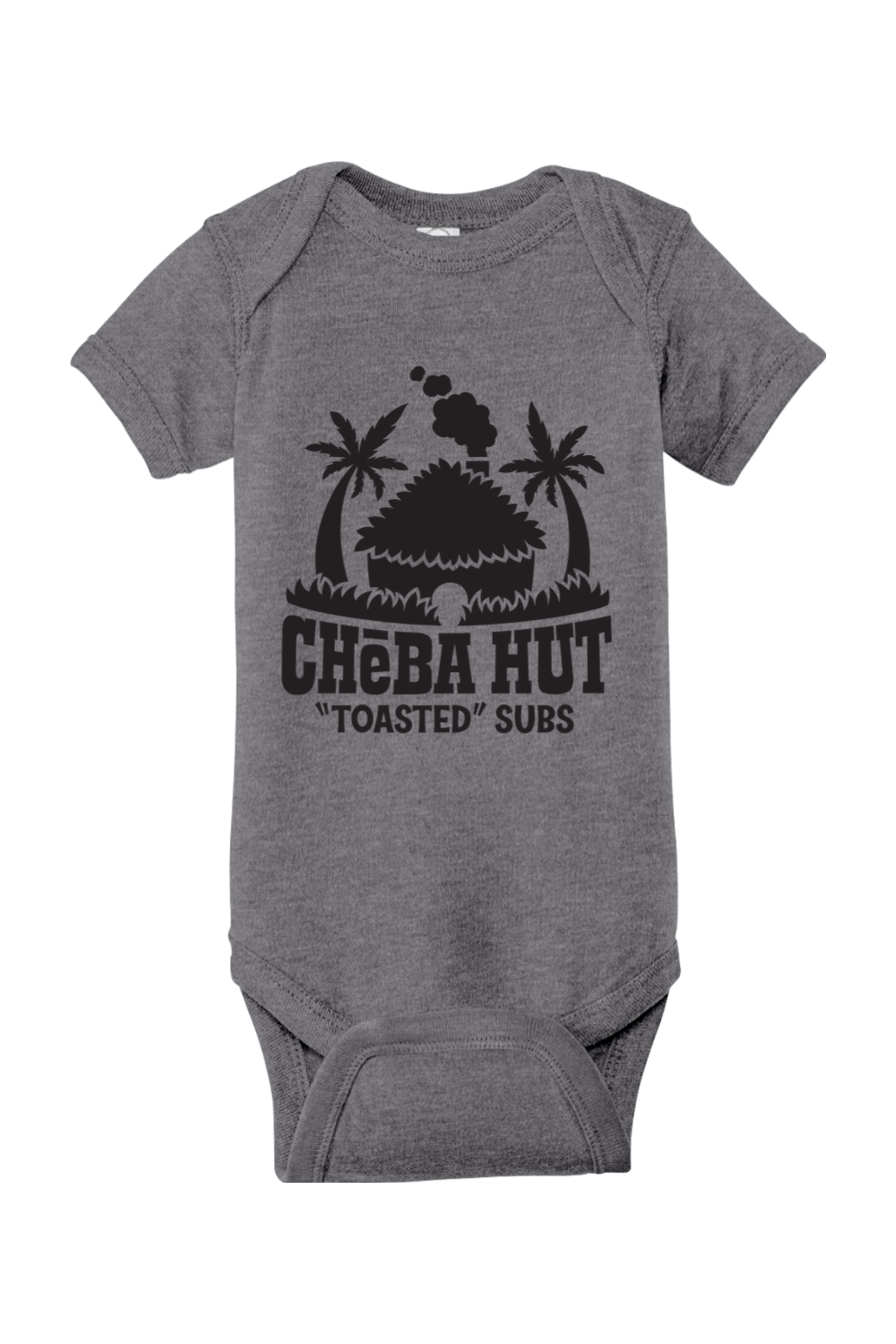 Gray baby onesie with 'Cheba Hut' graphic design on a white background