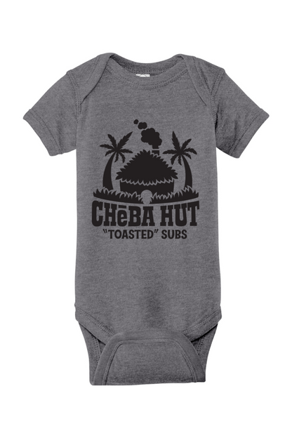 Gray baby onesie with 'Cheba Hut' graphic design on a white background