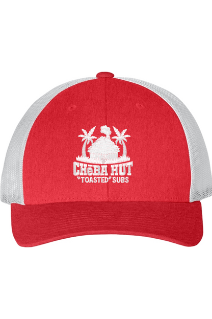 Red and white cap with 'Cheba Hut Toasted Subs' logo on a white background