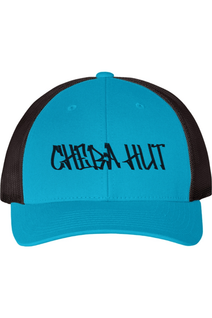 Blue and black cap with 'CHEBA HUT' text on a white background