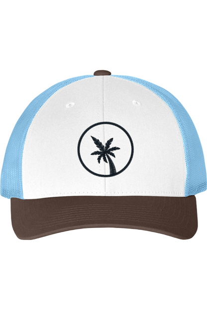 Blue and white trucker hat with palm tree design on a white background. The bill of the hat is a dark brown. 