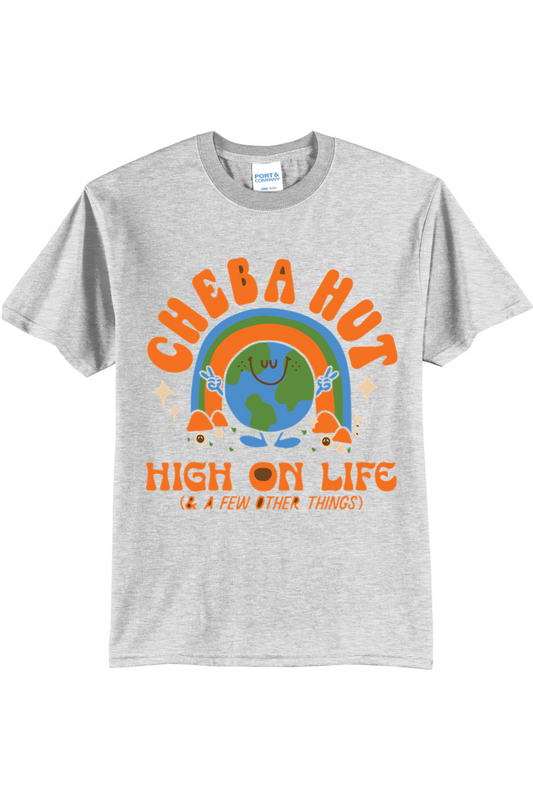 A light grey short-sleeved t-shirt featuring a retro-style graphic with a smiling Earth under a rainbow, palm trees, and the text 'CHEBA HUT' and 'HIGH ON LIFE (& A FEW OTHER THINGS)'.
