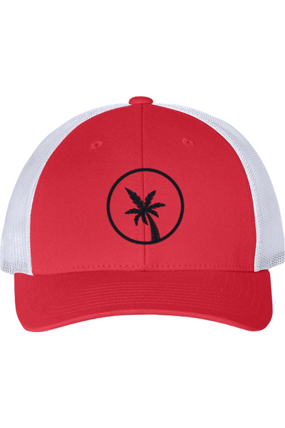 Red and white cap with a black palm tree design on a white background