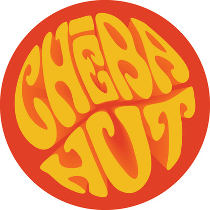 A circular red sticker or decal featuring retro psychedelic-style yellow text that reads 'CHEBA HOT' on a plain white background.
