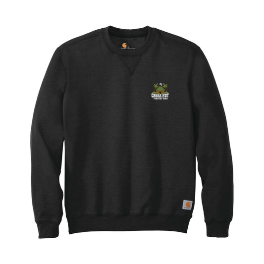 Front view of a black crewneck sweatshirt laid flat. A small, embroidered logo for "Cheba Hut Toasted Subs," featuring a tiki hut and palm trees, is on the upper left chest.