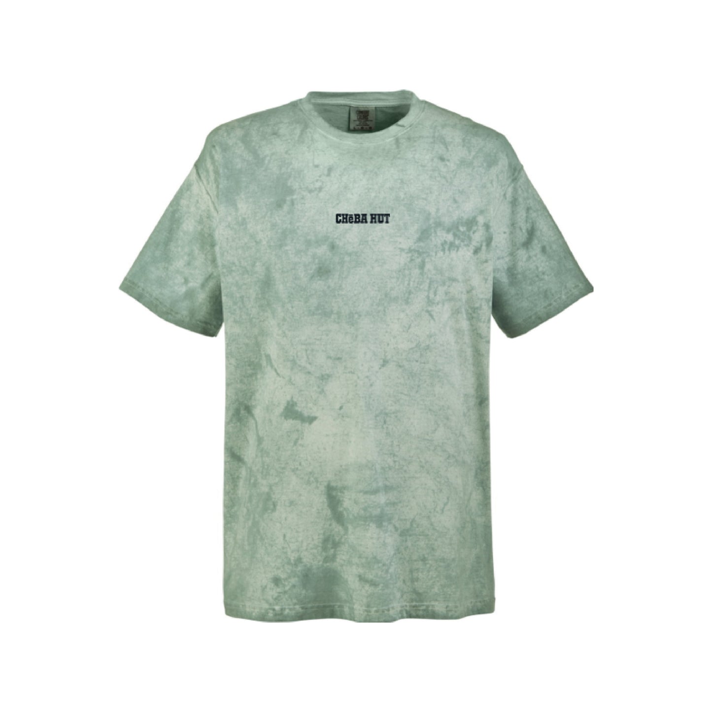 A light green short-sleeve t-shirt with a subtle mineral-wash texture, featuring the text 'CHEBA HUT' embroidered in black on the center chest.