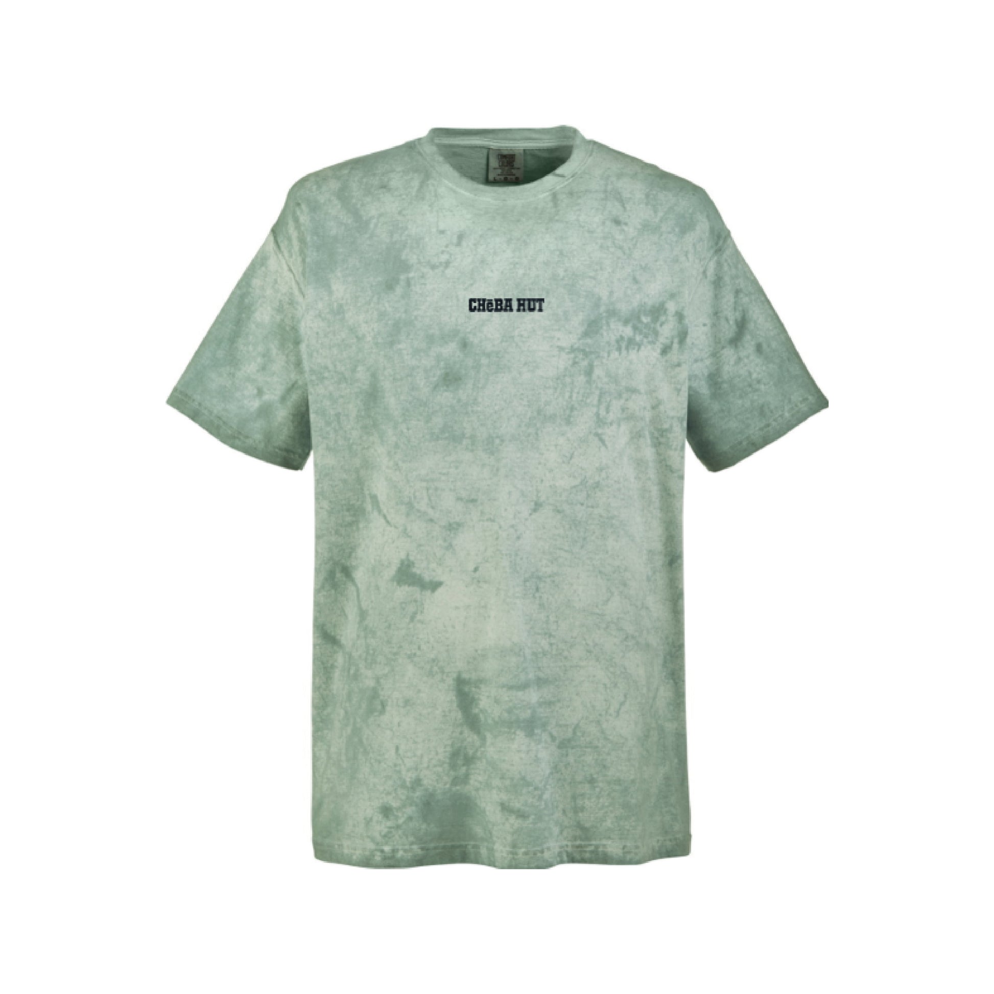 A light green short-sleeve t-shirt with a subtle mineral-wash texture, featuring the text 'CHEBA HUT' embroidered in black on the center chest.
