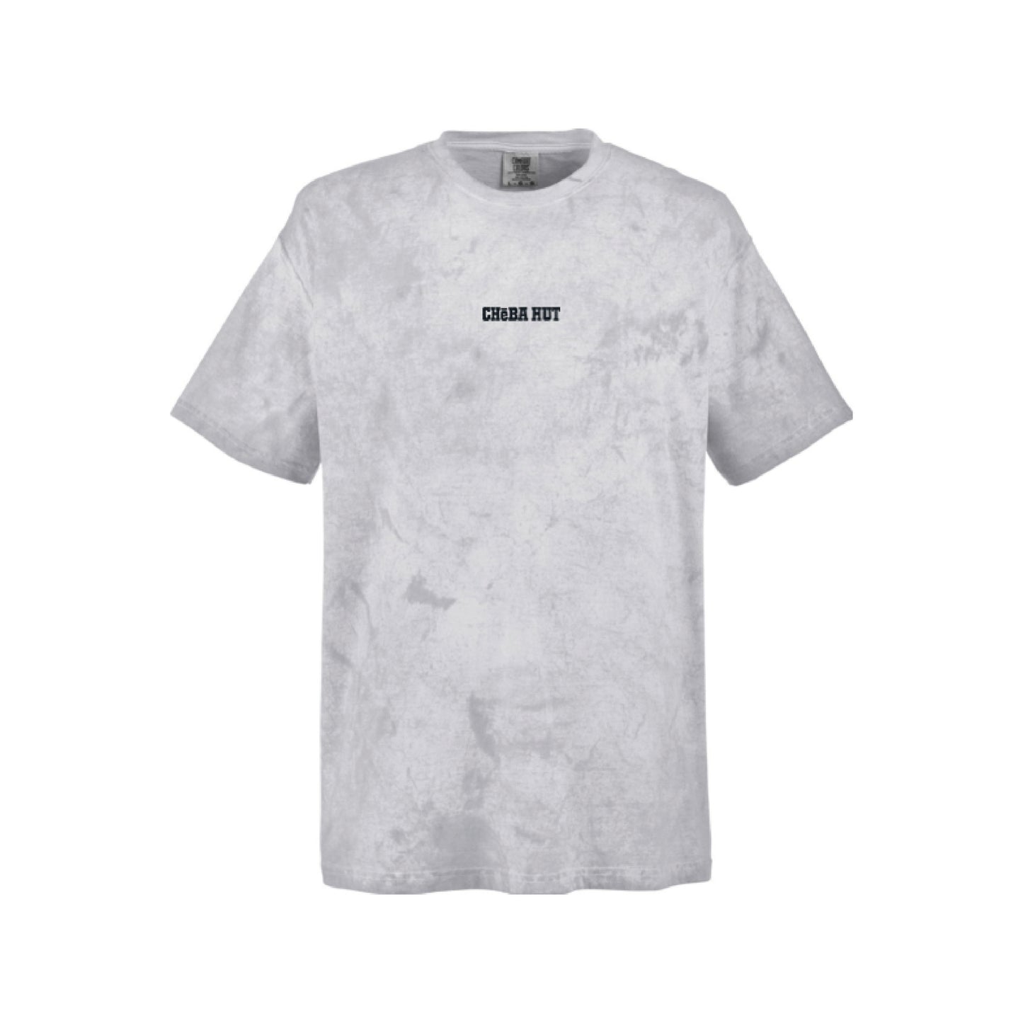 A light gray short-sleeve t-shirt with a subtle mineral-wash texture, featuring the text 'CHEBA HUT' embroidered in black on the center chest.