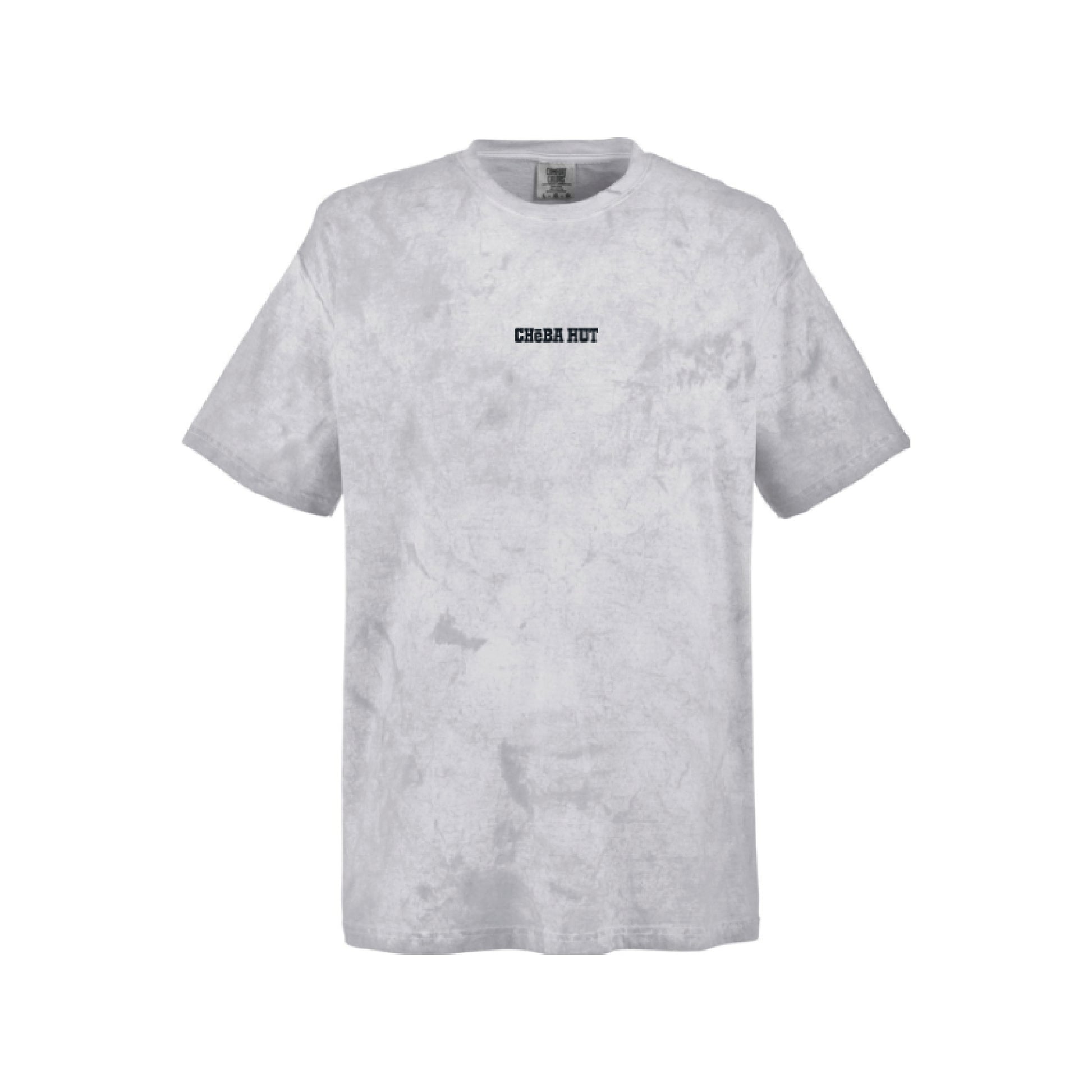 A light gray short-sleeve t-shirt with a subtle mineral-wash texture, featuring the text 'CHEBA HUT' embroidered in black on the center chest.