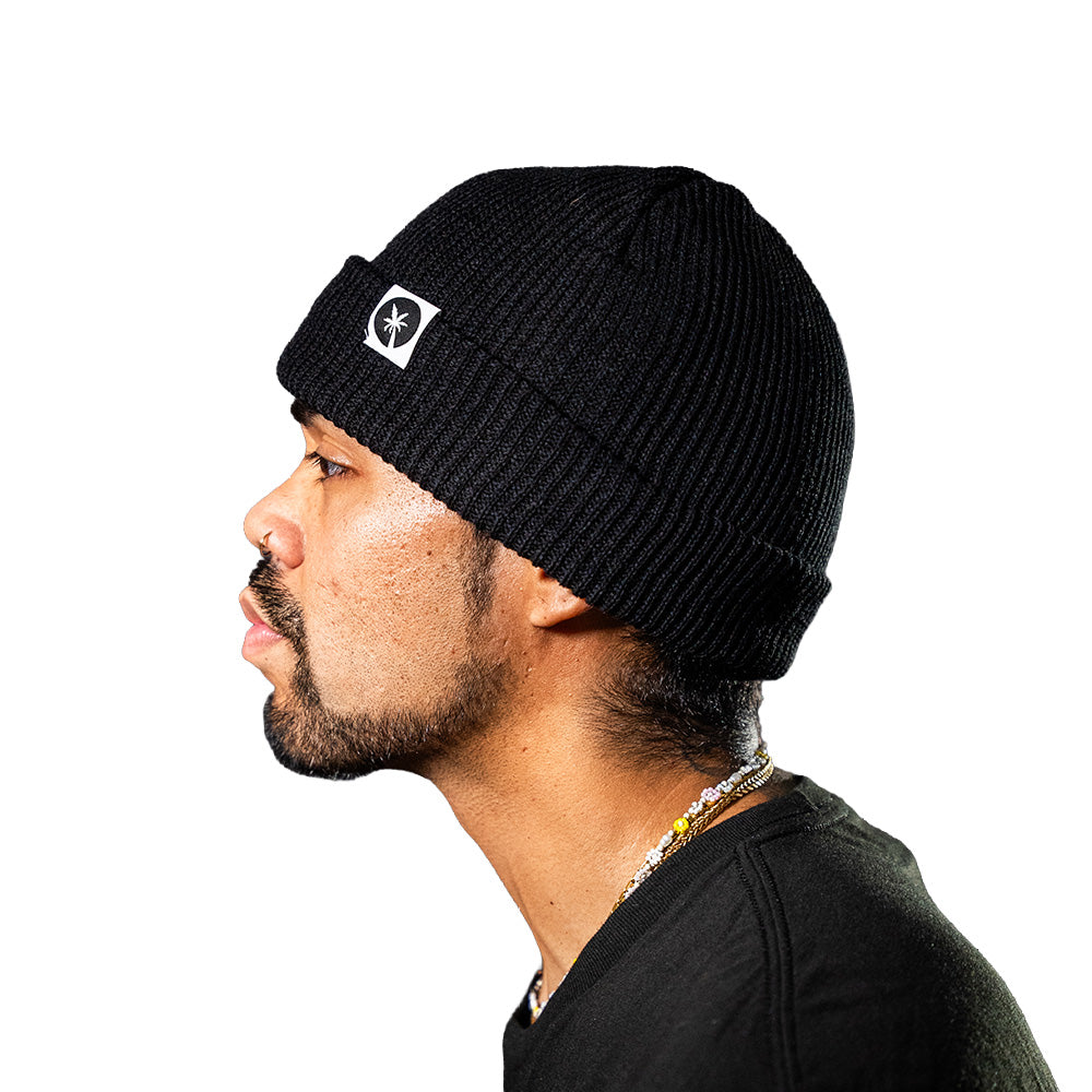A close-up of a man wearing a black ribbed knit beanie with a small black and white palm tree logo patch on the side, set against a plain white background.
