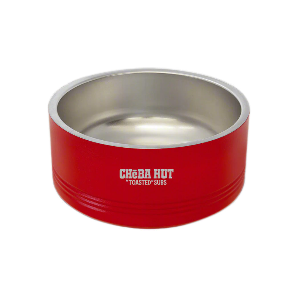  A red and stainless steel dog bowl with the white "Cheba Hut 'Toasted' Subs" logo on the side, shown against a dark  background.