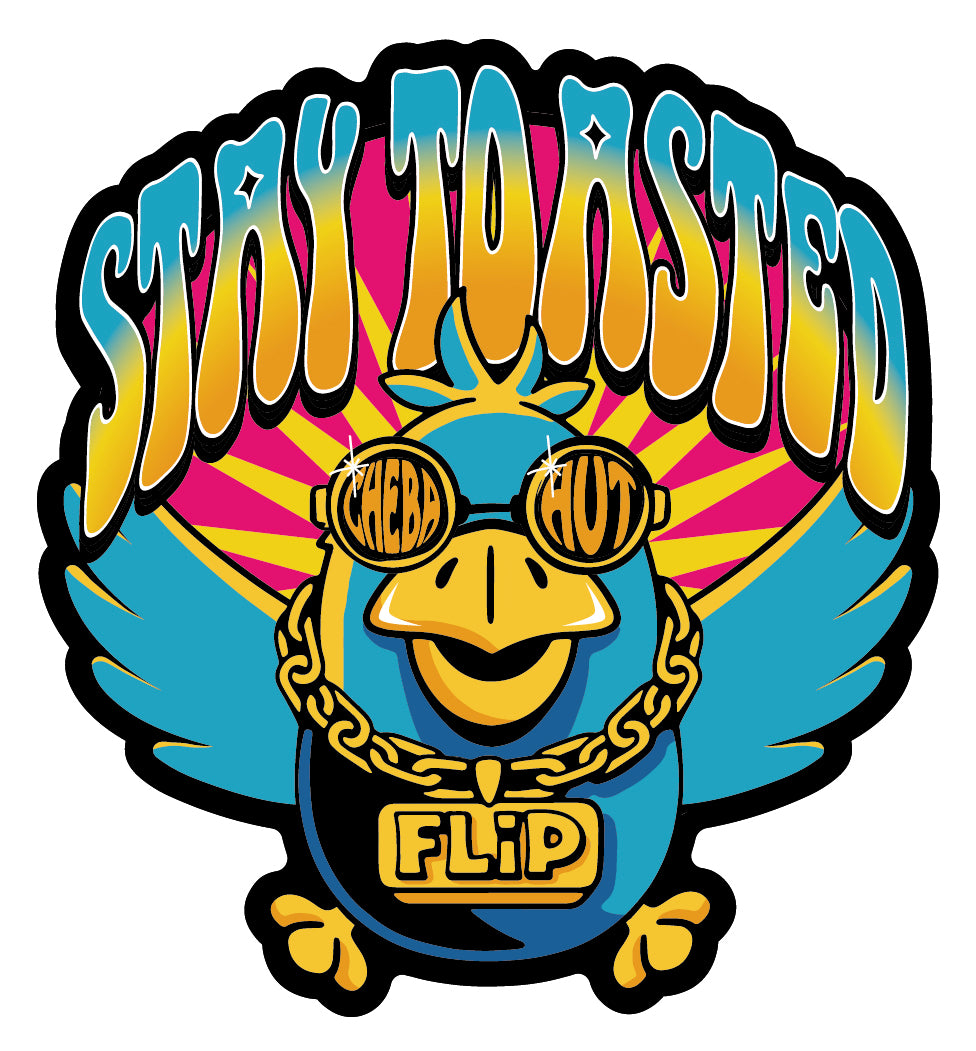 A colorful cartoon bird graphic with the words “STAY TOASTED” above it. The bird is turquoise with yellow-orange beak and feet, wearing gold sunglasses, a gold chain necklace, and a gold sign that says “FLIP.