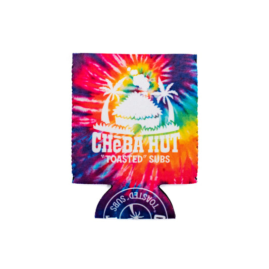 Tie-dye can cooler with 'Cheba Hut Toasted Subs' logo on a white background