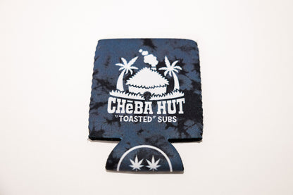 A square-shaped koozie with a black and gray tie-dye pattern. It features a white illustration of a hut, palm trees, and the text 'Cheba Hut' and 'Toasted Subs'. The bottom has a semi-circular cutout with two marijuana leaf symbols.
